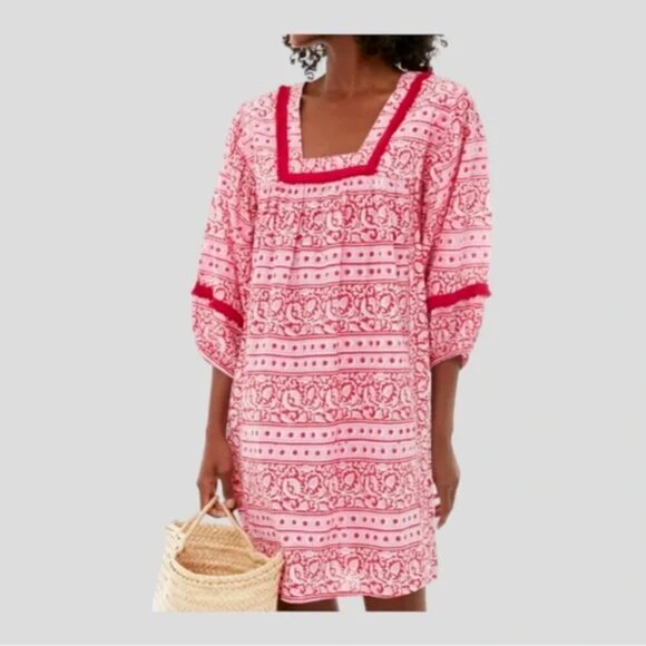 Tuckernuck Heat Wave Catalans Dress Size XS Pink Red Puff Sleeve Fringe Cover Up - Picture 1 of 12